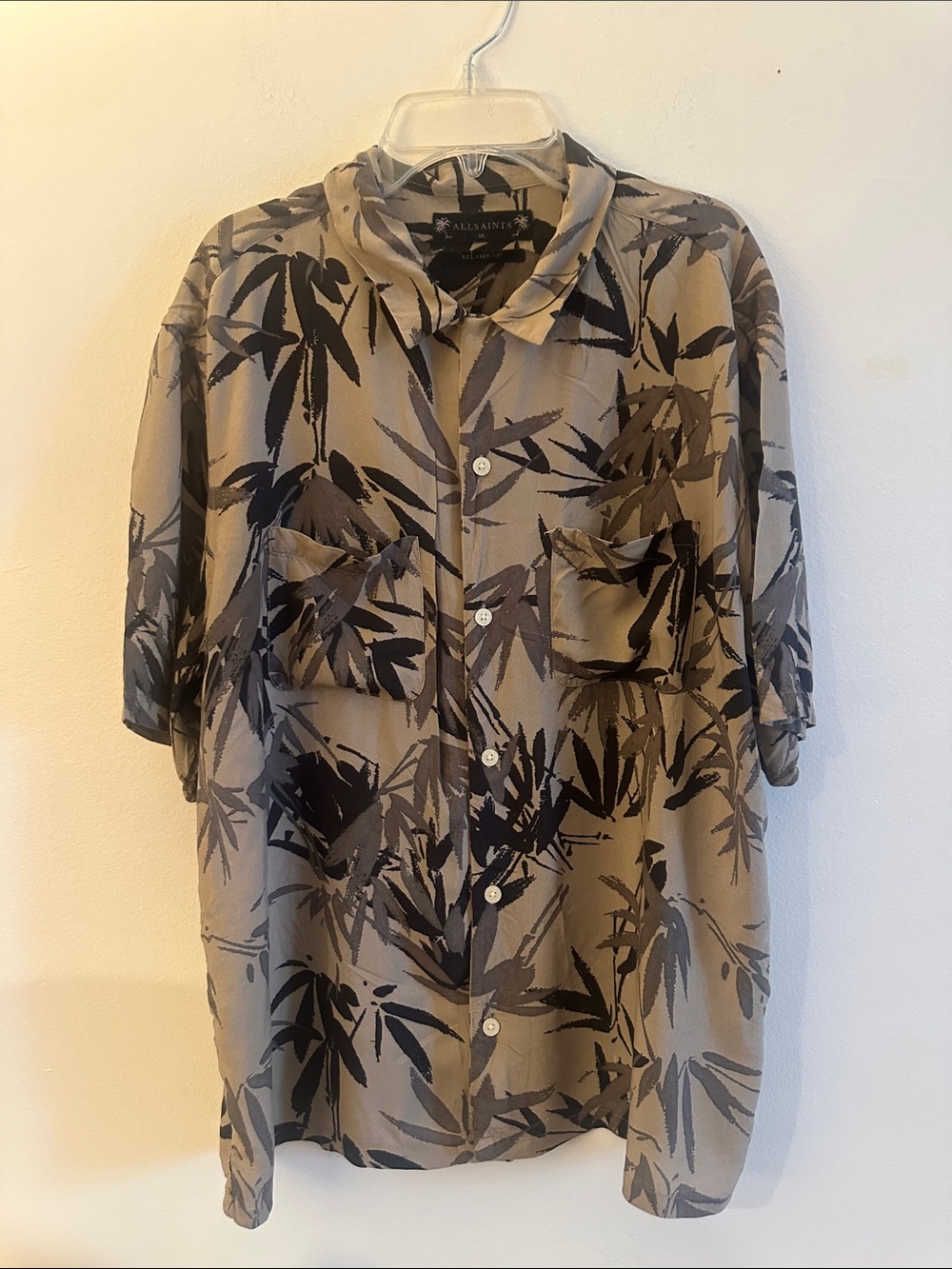 All Saints Tan, Green & Black Leaf-Print Short-Sleeve Shirt